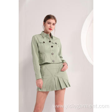 Women's Olive Green Jacket and Pleated Mini Skirt